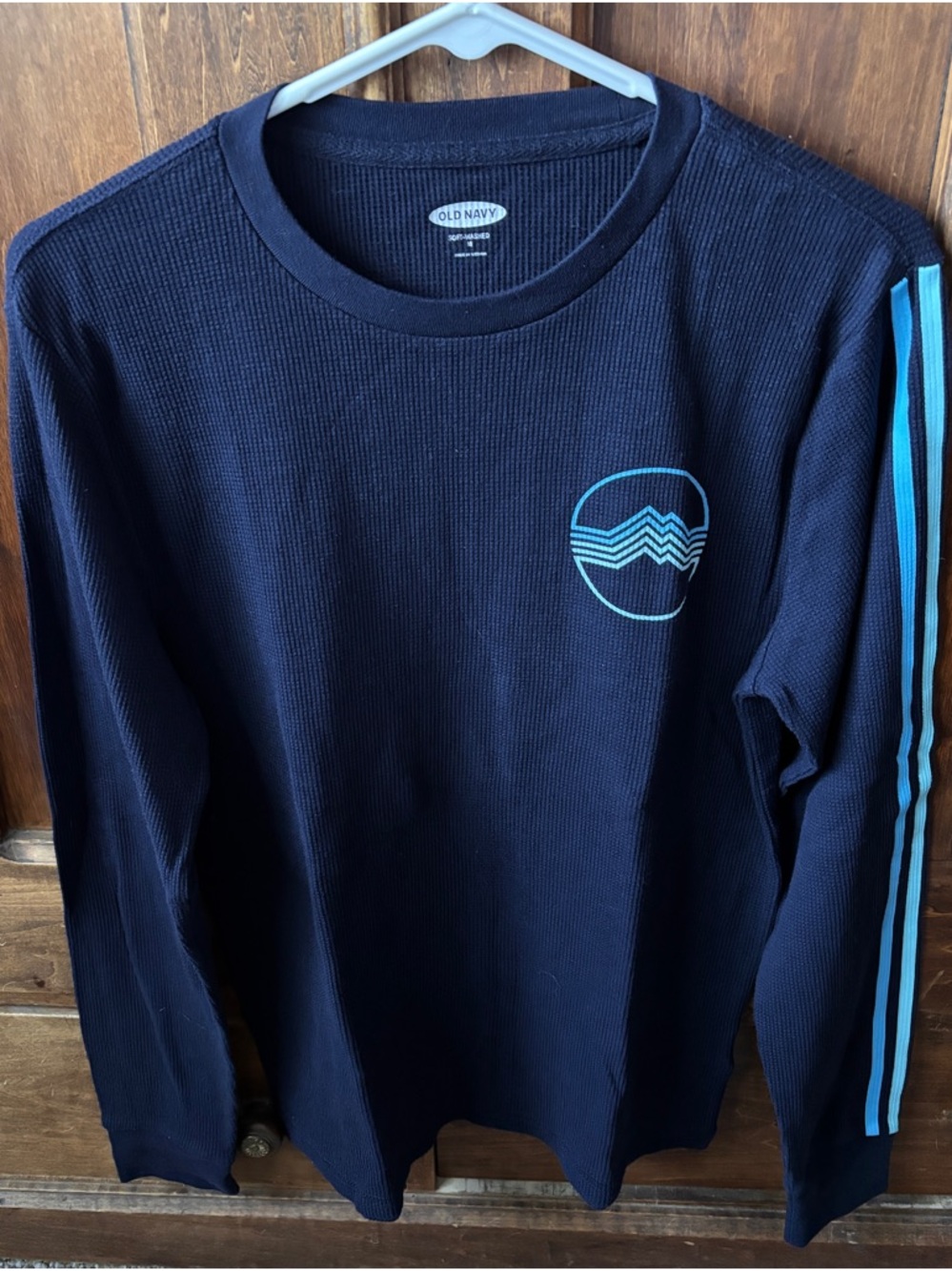 Old Navy Thermal Top Navy with Teal Accent Stripes & Chest Imprint